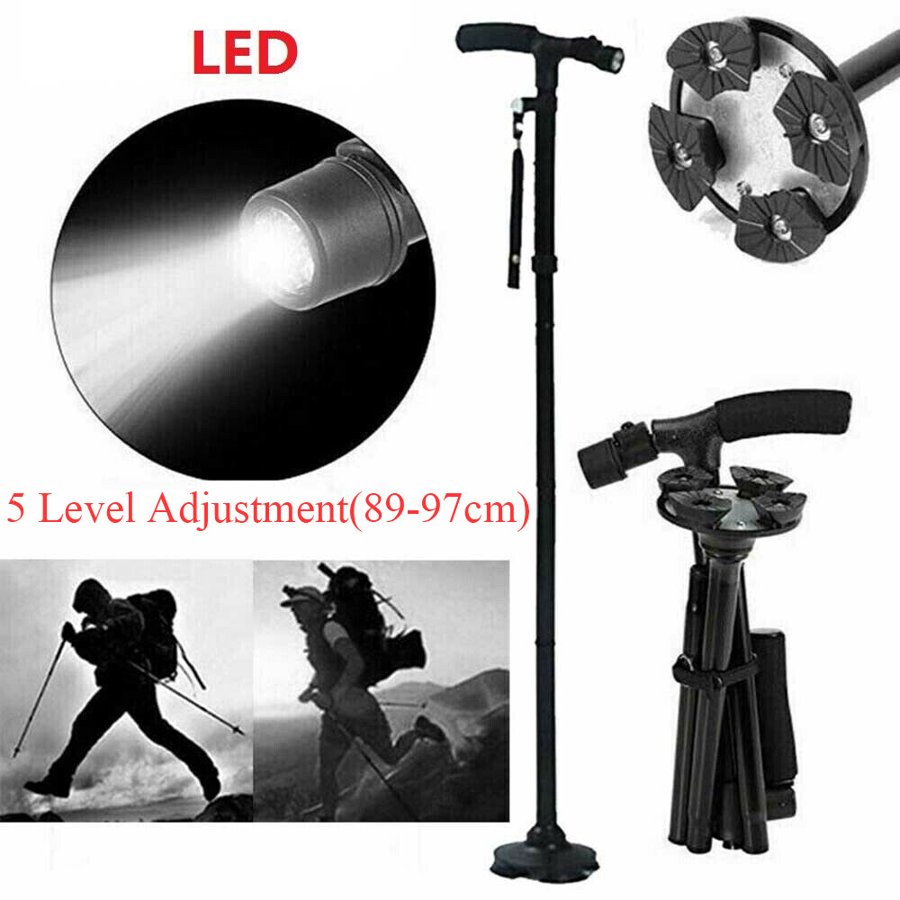 Folding LED Walking Stick Cane All-Terrain Pivoting Base Adjustable Black