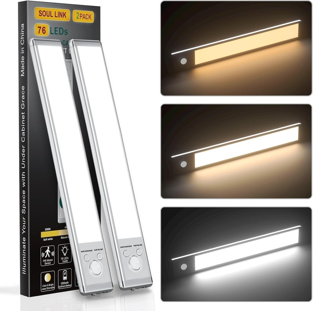 76 LED Motion Sensor Light, 2 Pack USB Rechargeable under Cabinet Lights