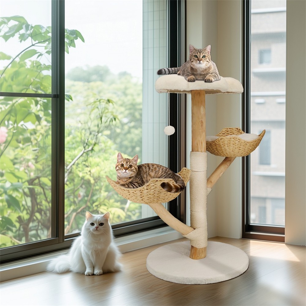 Solid Willow Wood Cat Tree w/ Soft White Bed & Scratching Post for 3 Large Cats