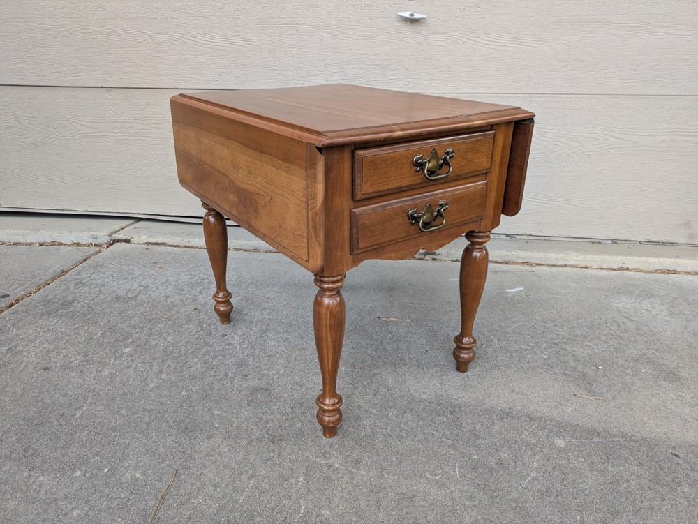 Vintage Rustic Country Colonial Solid Cherry Wood Drop Leaf 2-Drawer End Table A