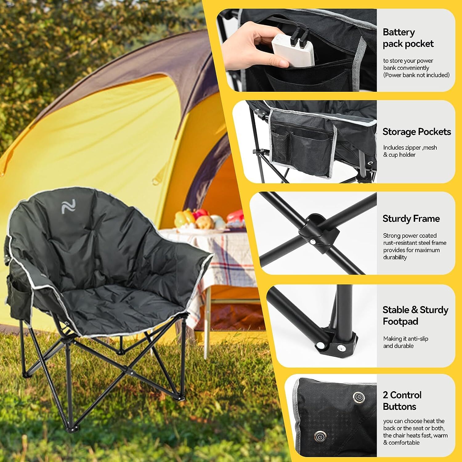 SLSY Oversized Heated Camping Chair Patio Lounge Chairs with 20000mAh Power Bank