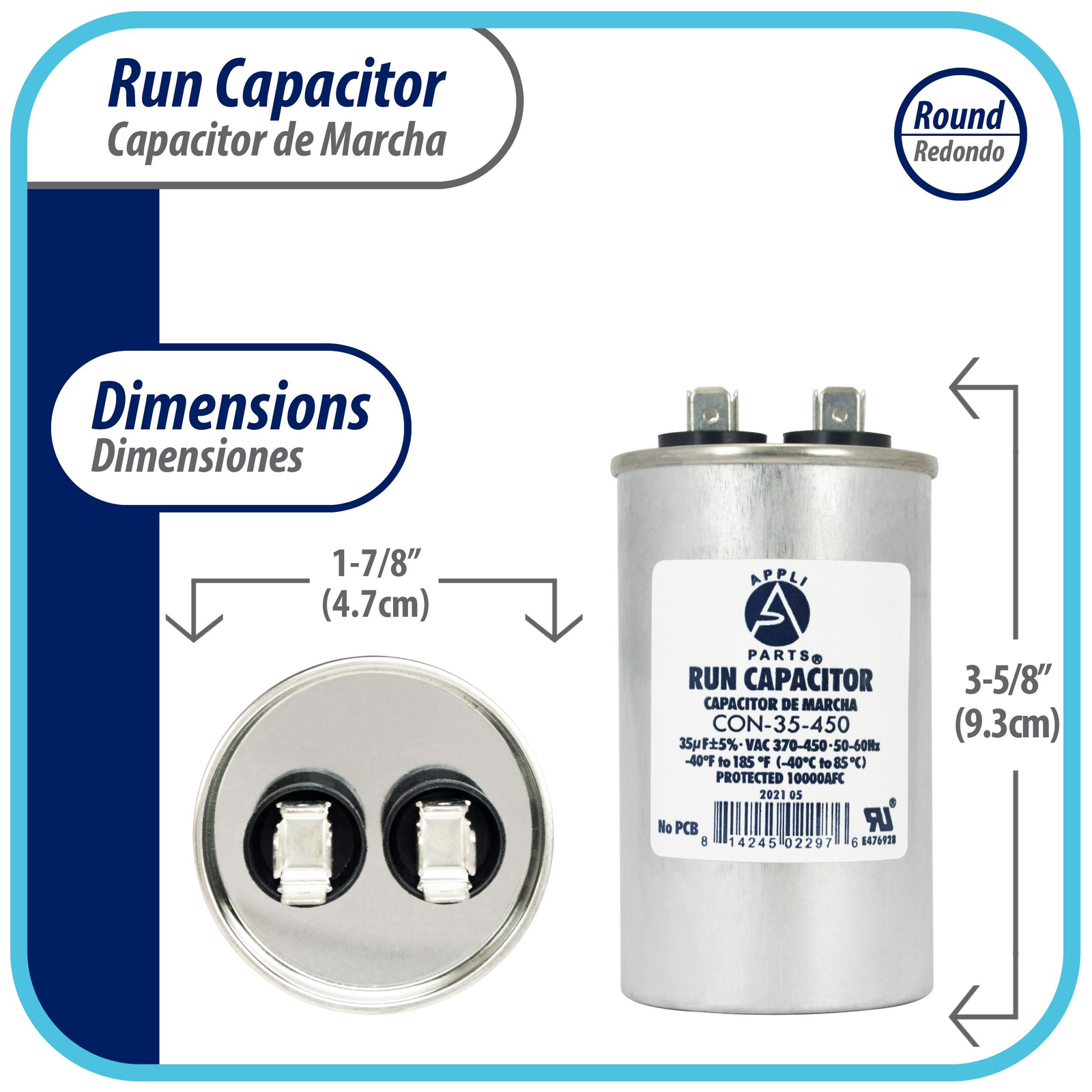 Appli Parts Run Capacitor for ac 35 Mfd uF (microfarads) 370 VAC or 450 VAC CBB6