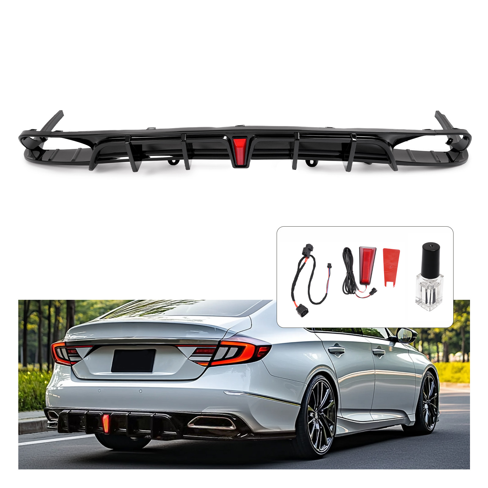 Rear Black Bumper Diffuser Lip Spoiler & Light For Honda Accord 2018-2022