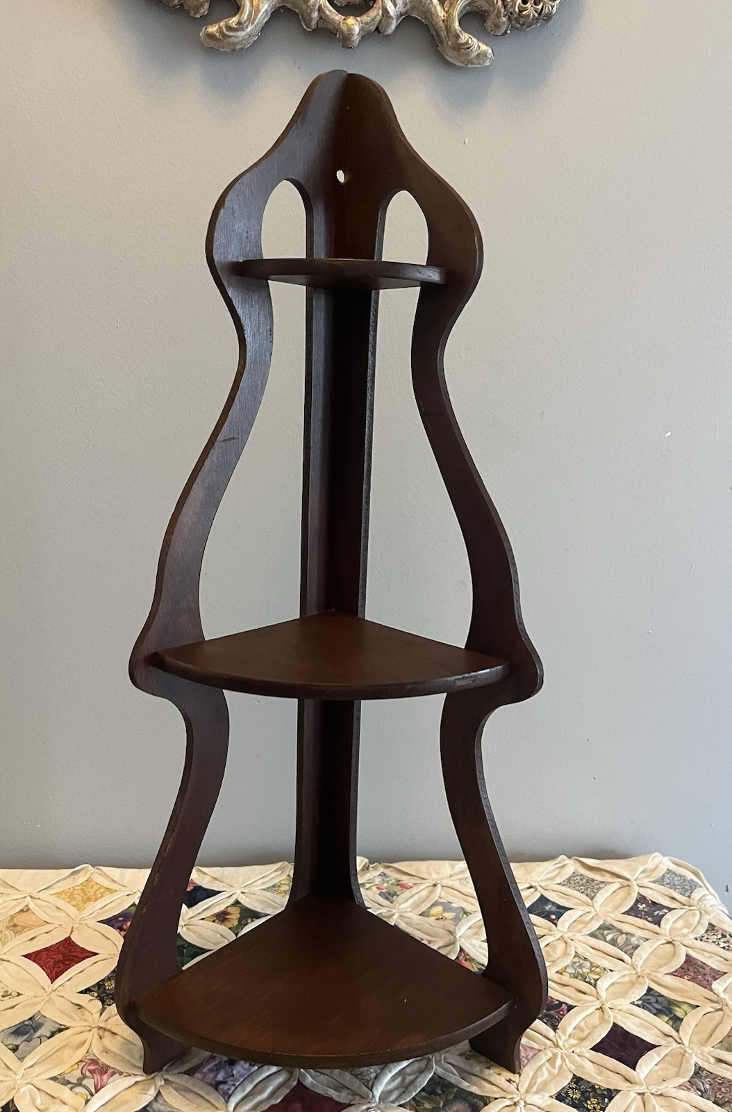 Antique Dark Wood 3 Tier Hanging Corner Shelf 20 Inches Tall