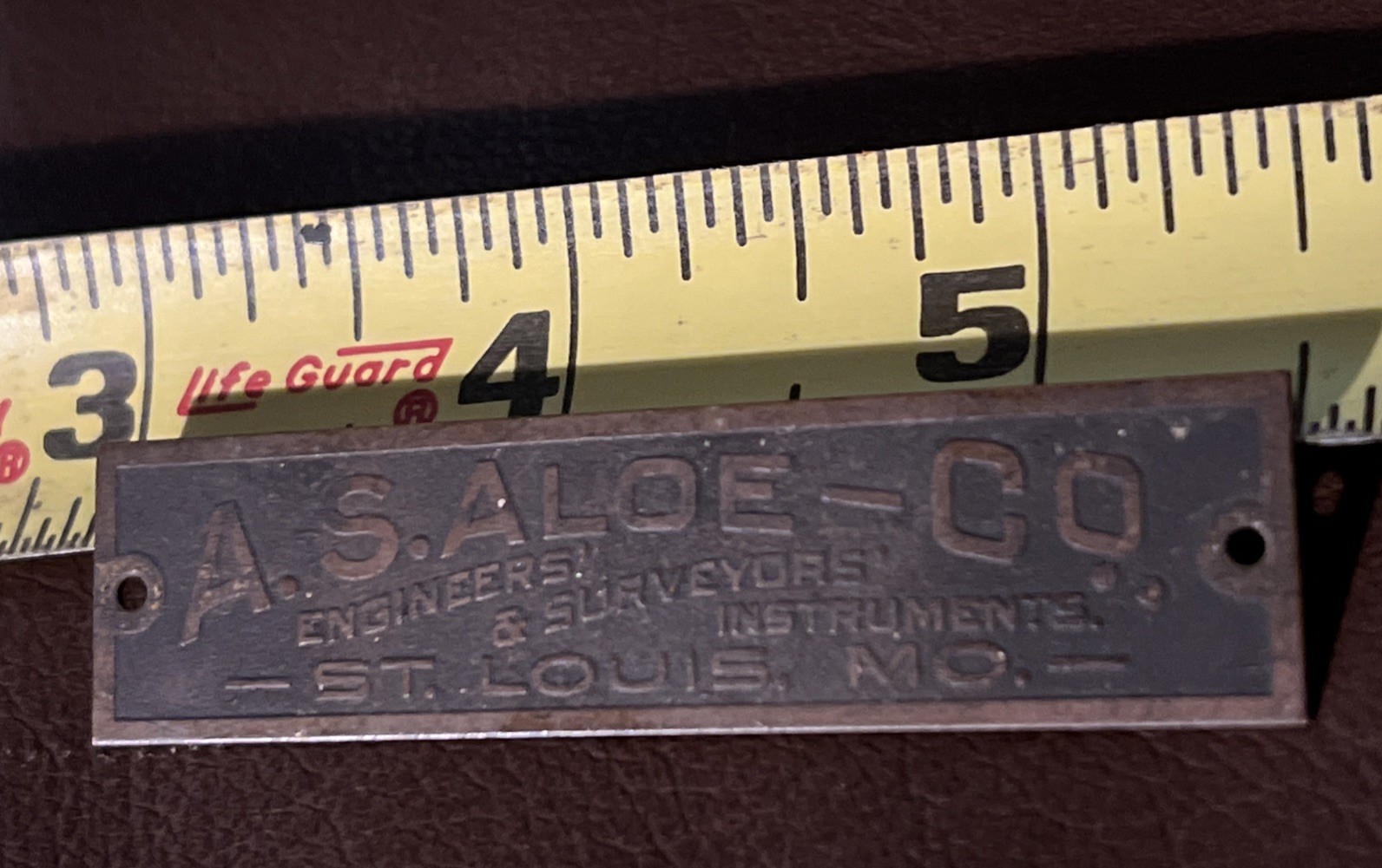Antq. A. S. Aloe Co Brass Tag Plate Engineers & Surveyors Instruments St. Louis