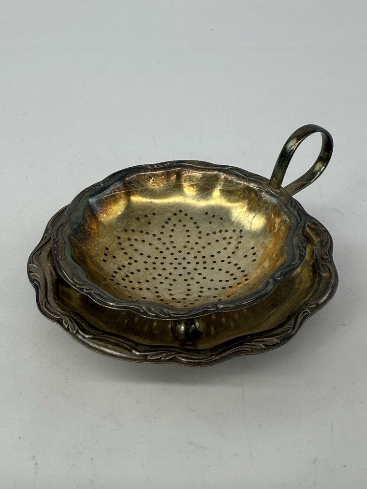 WMF Silver Plated Tea Leaf Strainer w Drip Tray Underplate Ornate Scalloped Edge