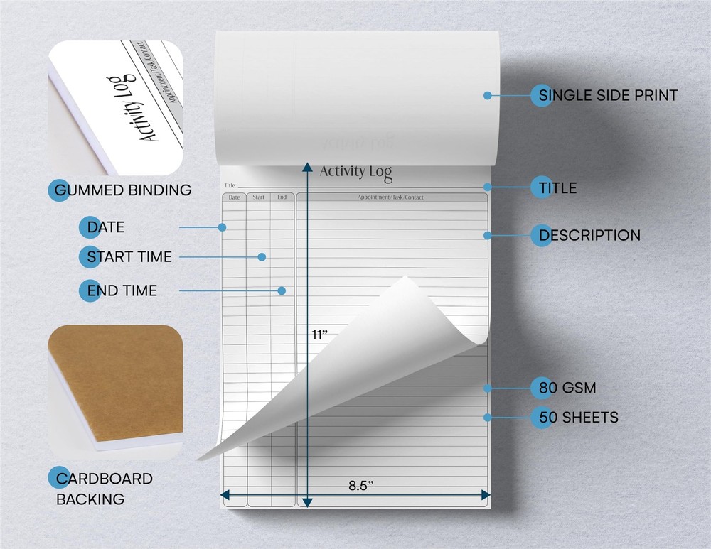 Activity Log Notepad, 8.5" x 11", Planning Note Pad, 50 Sheets, Daily Time Tr...