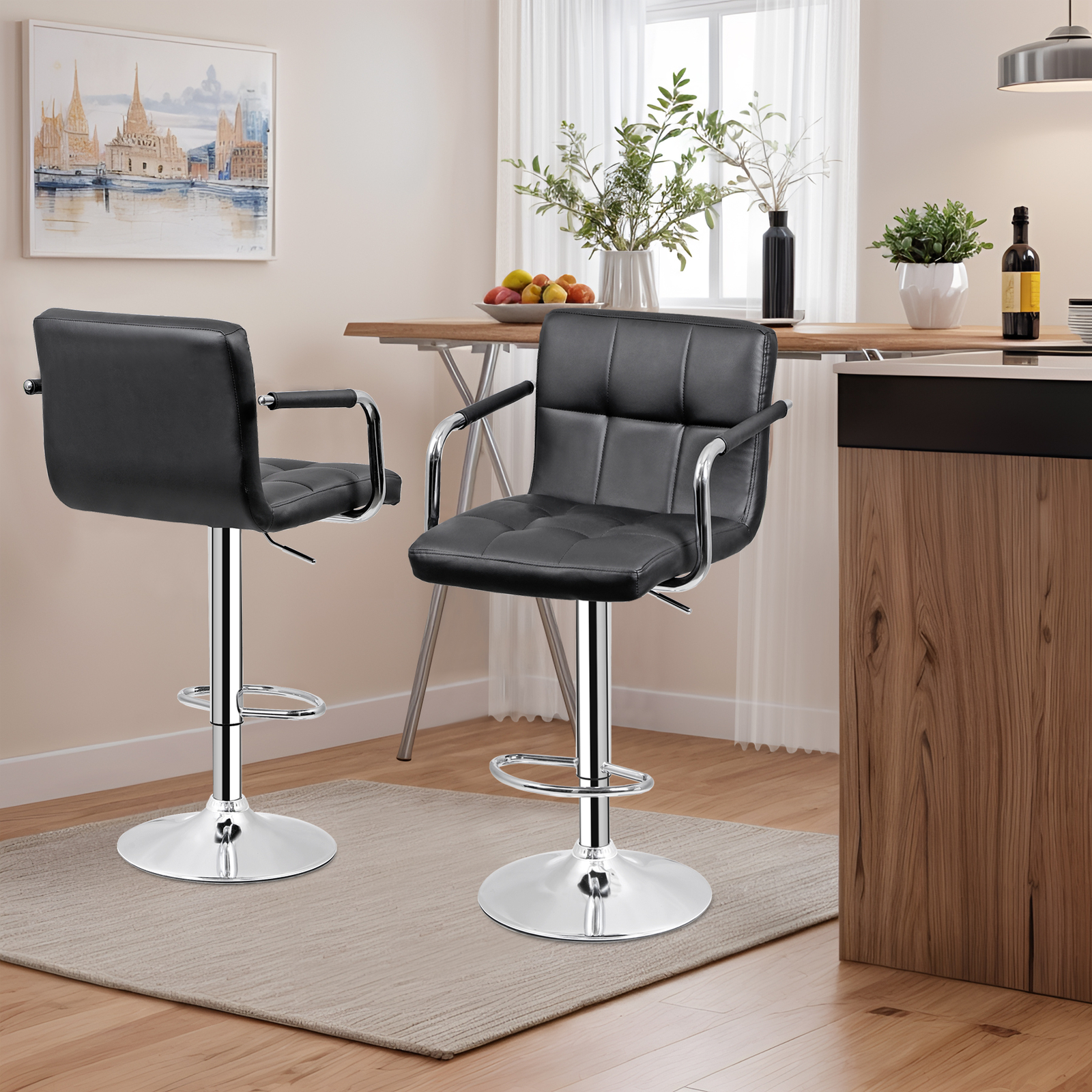 4PCS Adjustable Bar Stools PU Leather Modern Dinning Chair w/ Armrest & Backrest