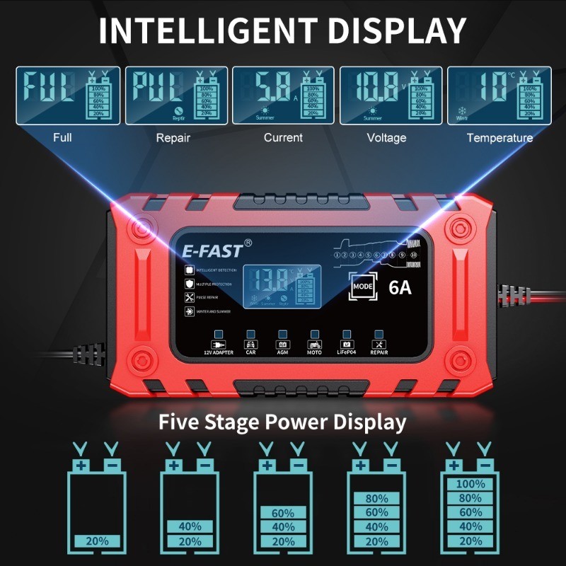 12V 6A Smart Battery Charger w/ Adapter Mode for AGM LiFePO4, Cars,Boat,Truck