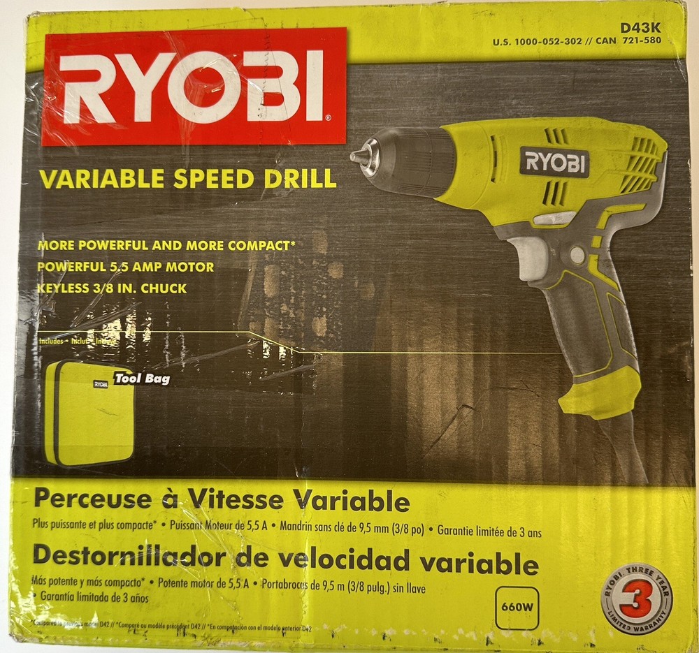 Ryobi 3/8 in Variable Speed Compact Drill Driver Corded With Bag Model D43