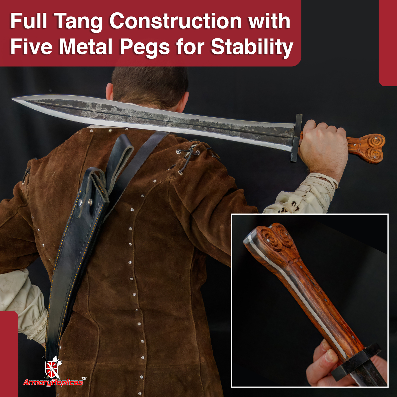 Authentic Greek Xiphos Sword Full Tang with Leather Sheath, for Collectors