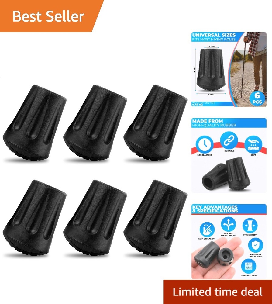 6 Pcs Black Rubber Hiking Pole Tips - Durable Replacement for Safety & Stability