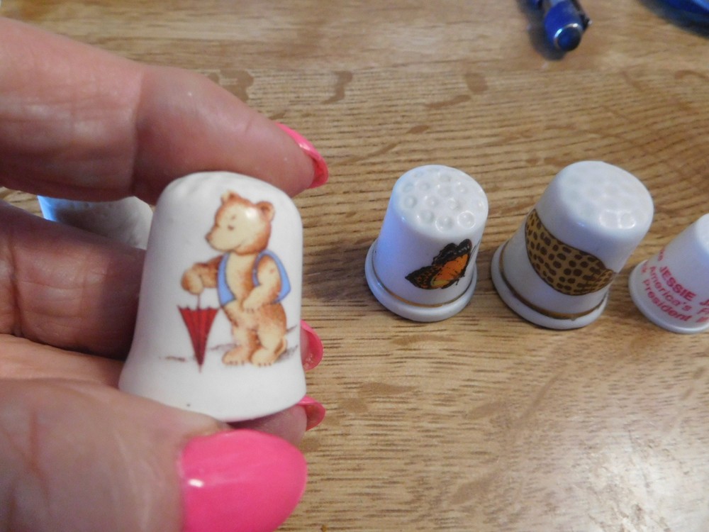 5 vintage thimbles-Rabbit,teddy bear,butterfly, shell, Jesse Jackson