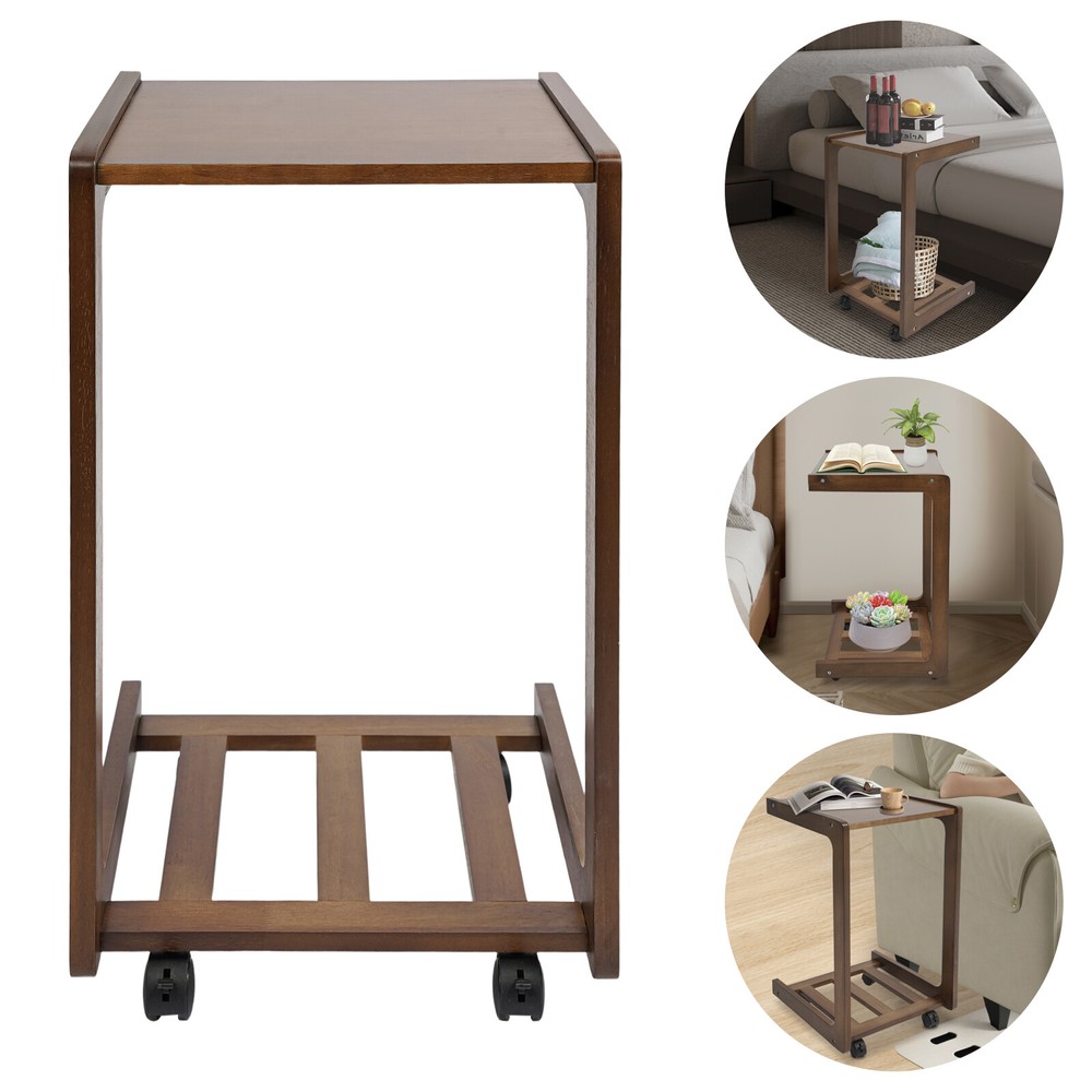 C-shaped End Table W/ Universal Wheels Walnut-colored Freestand Small Side Table
