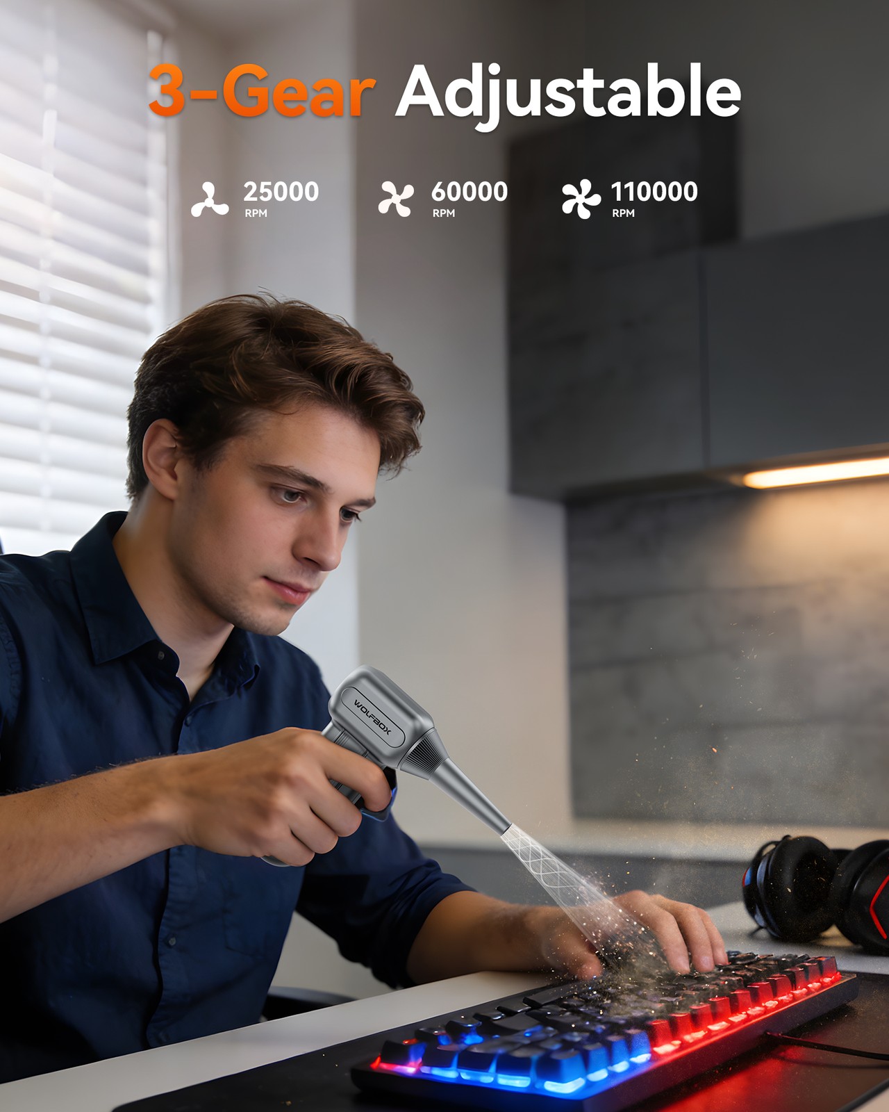 WOLFBOX DF60 110000RPM Cordless Air Duster 3-Speed with 5 Nozzles, Fast Charging