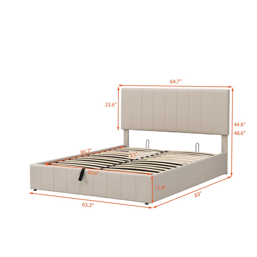 Queen Size Bed Frame Upholstered Platform Bed with Hydraulic Storage System
