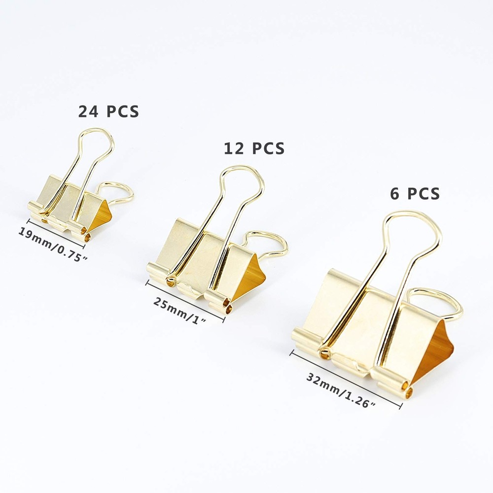 Gold Binder Clips Paper Clamps, Assorted Sizes Set (Small, Medium, Large) for...