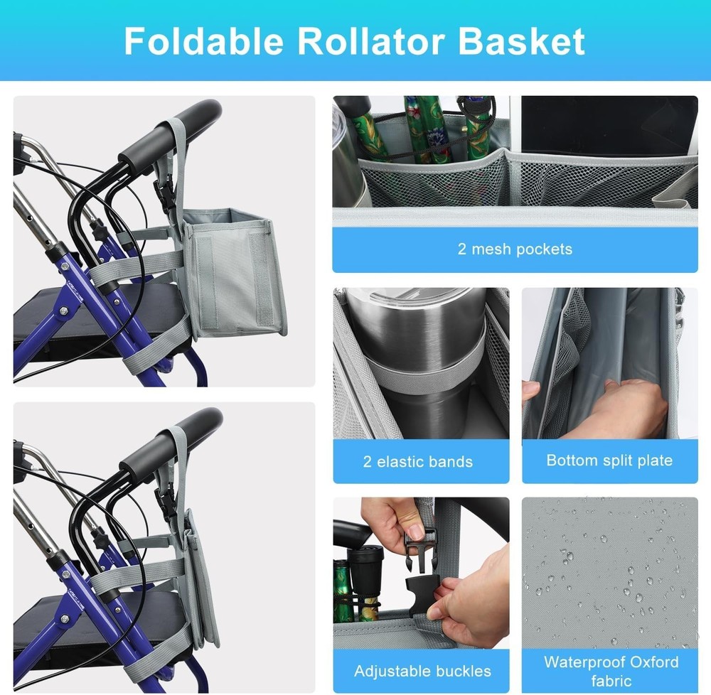 Rollator Basket, Rollator Walker Bag w/Cup Holder, Foldable Rolling Walker Wa...