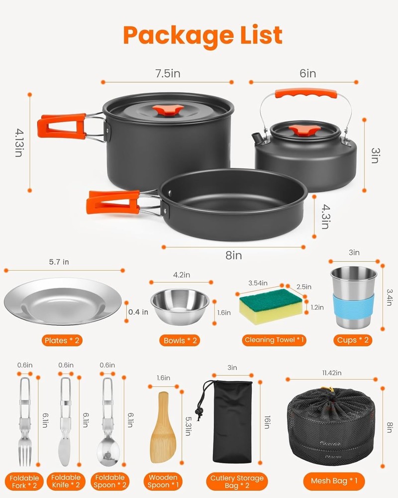 22Pcs Camping Cookware Mess Kit for 2, Lightweight Large, Silver, Orange