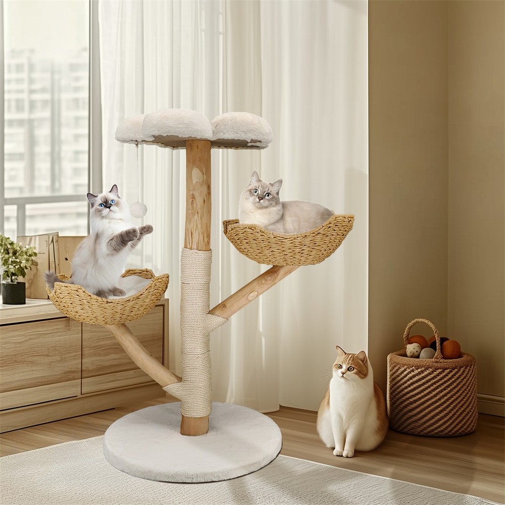 Solid Willow Wood Cat Tree w/ Soft White Bed & Scratching Post for 3 Large Cats