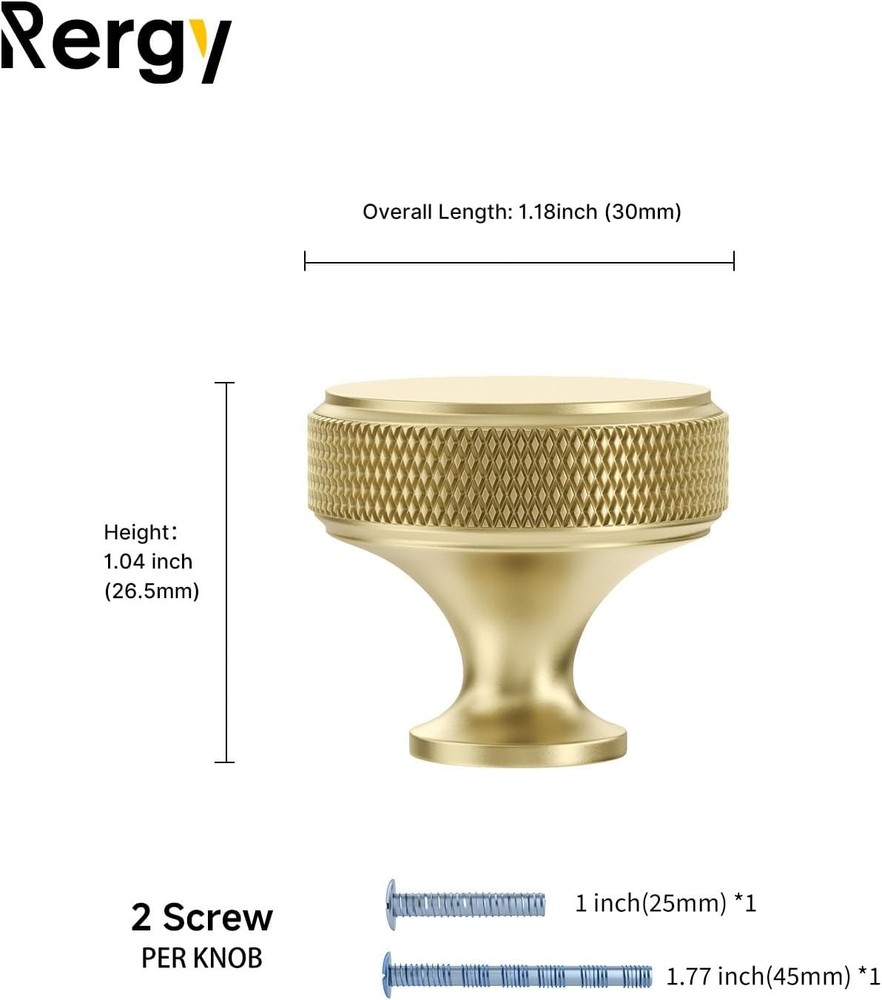 Rergy 10 Pack Knurled Matte Gold Cabinet Knobs Brushed Brass Drawer Pulls Rou...