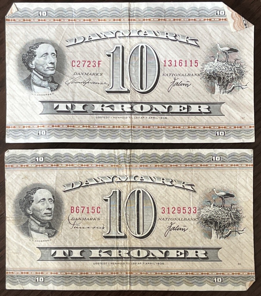 Denmark 1954 10 Kroner 2 Banknotes(2)