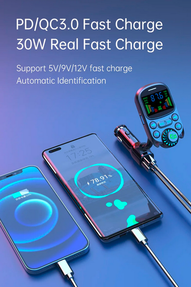 Bluetooth Car Wireless FM Transmitter Adapter USB PD Fast Charger AUX Hands-Free