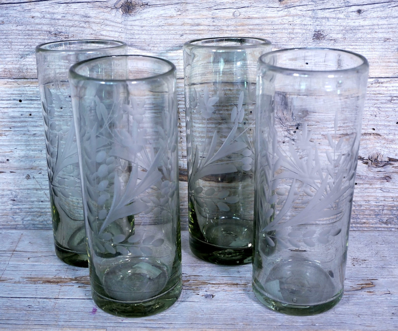 Set of 4 Tall Lemonade Glasses Handblown Hand Etched Pale Green Mexican Folk Art