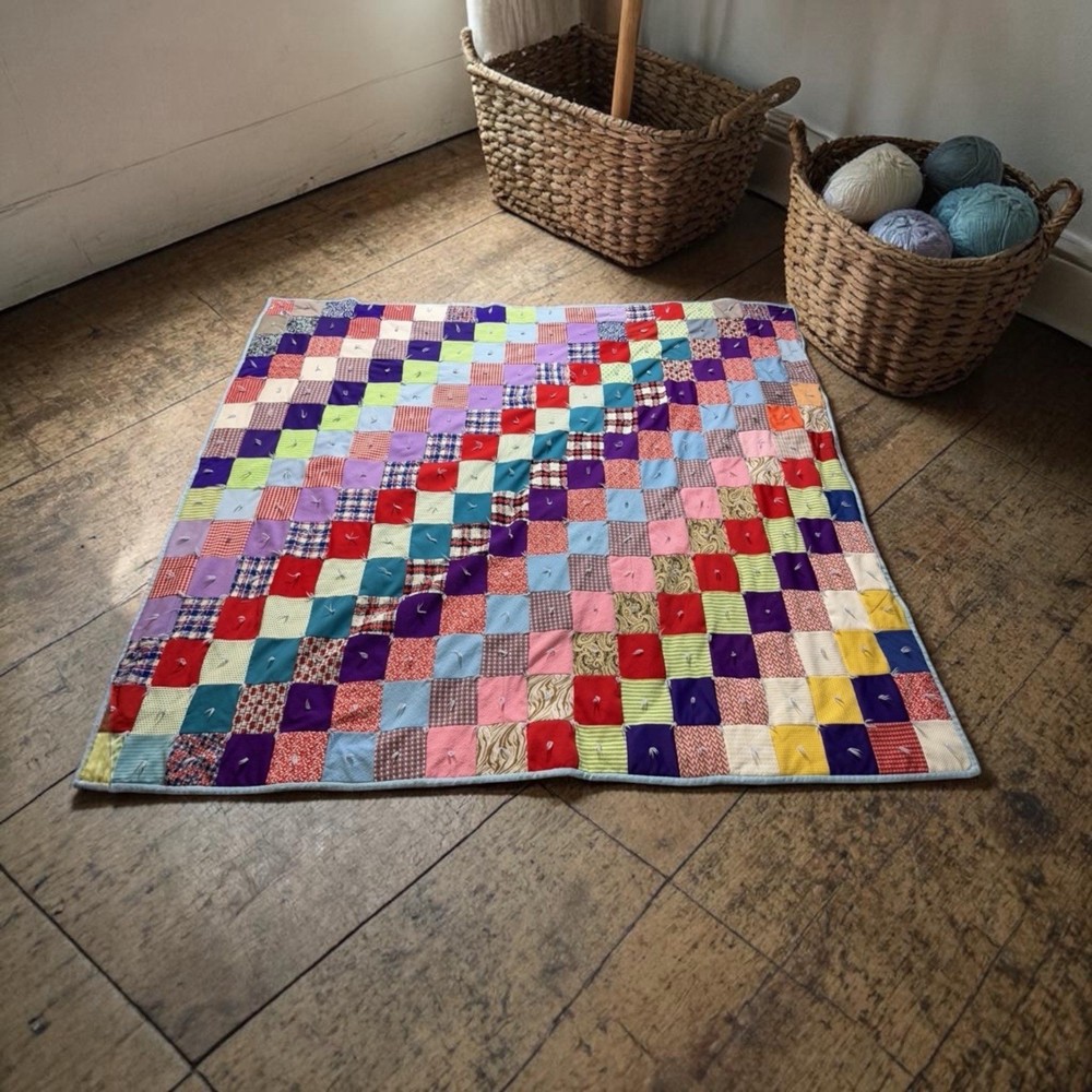 Handmade Rag Quilt Patchwork Tied Multicolor 87x75” Cotton Throw Bedspread