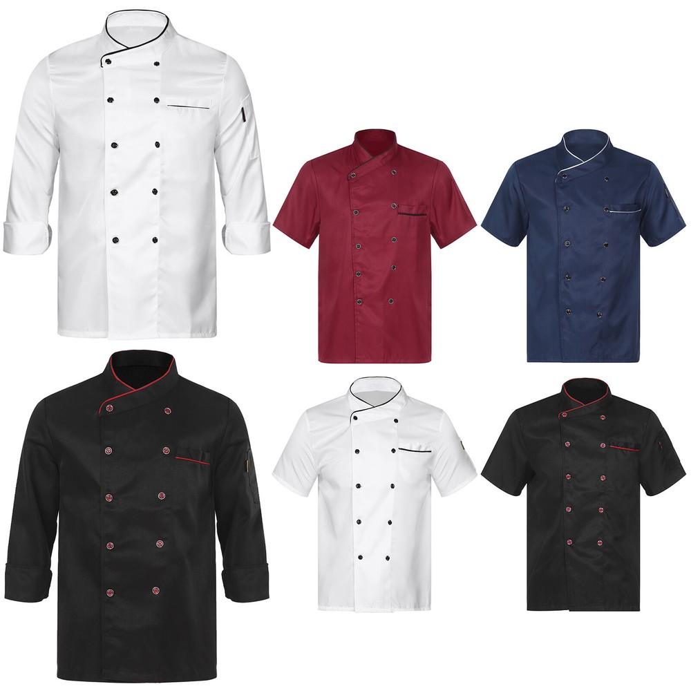 Mens Double-Breasted Chef Coat Crossover Collar Chef Jacket Unisex Bakery