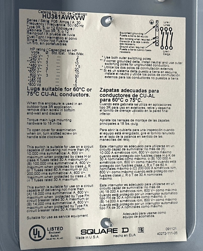 Square D HU361AWKVW Enclosed Disconnect Switch, 20HP Max