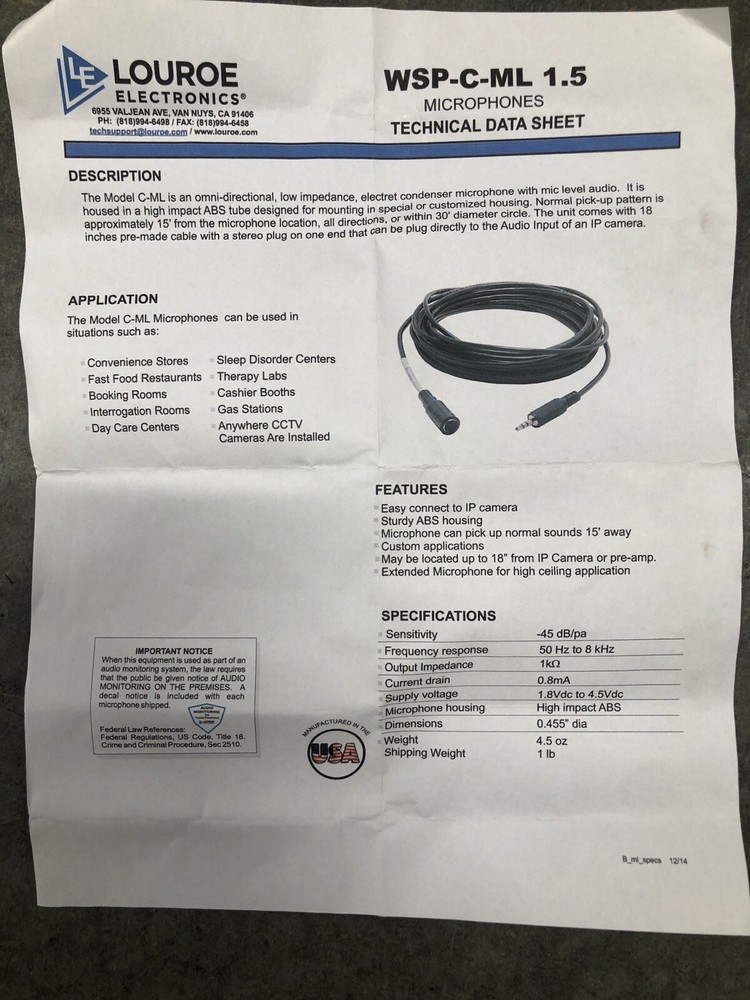 Louroe Electronics WSP-C-ML-1.5 VERIFACT C MIC LEVEL MIC