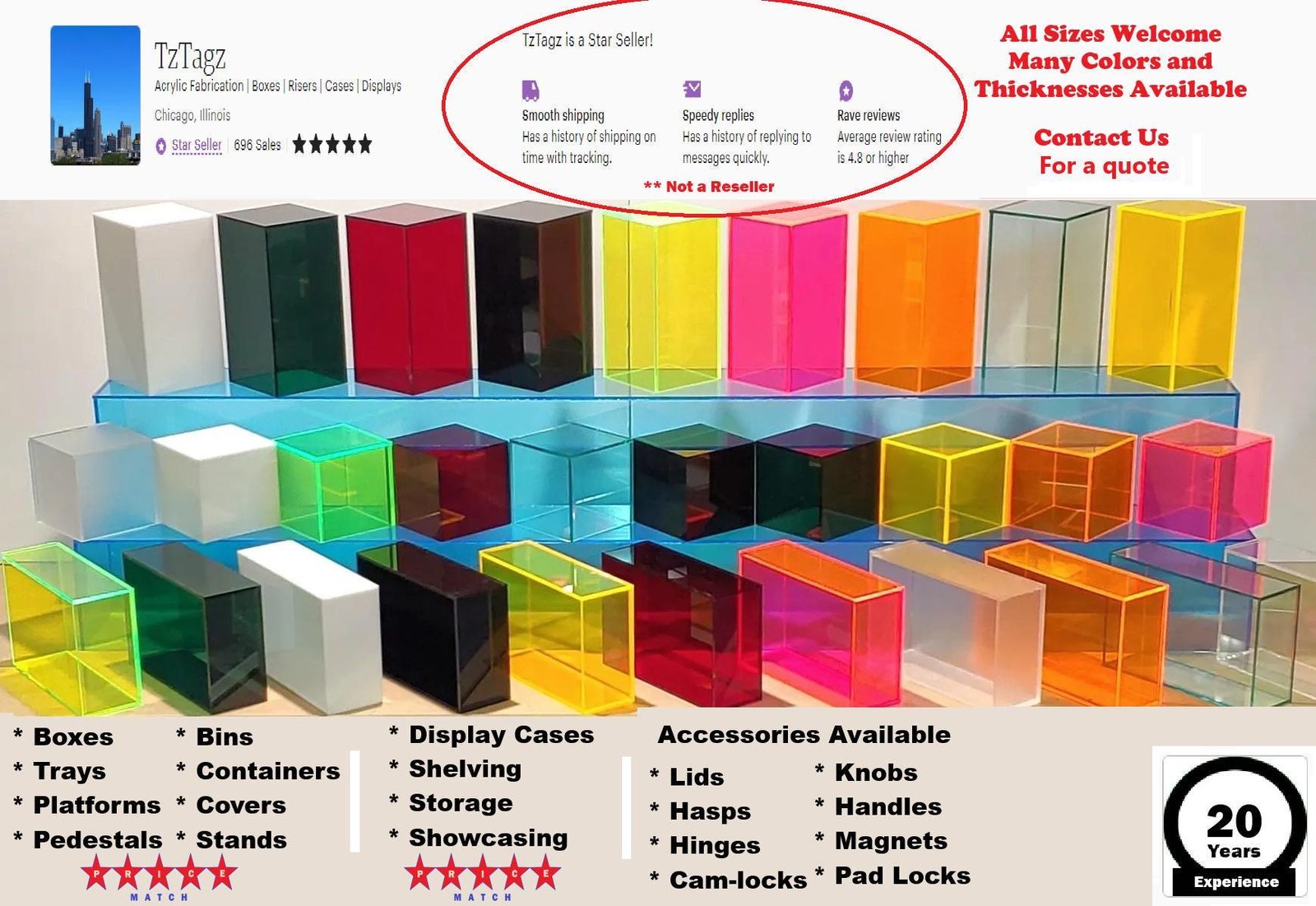 T’z Tagz Acrylic Cube – True Outer Dimensions – 45 Degree Seamless Display Box