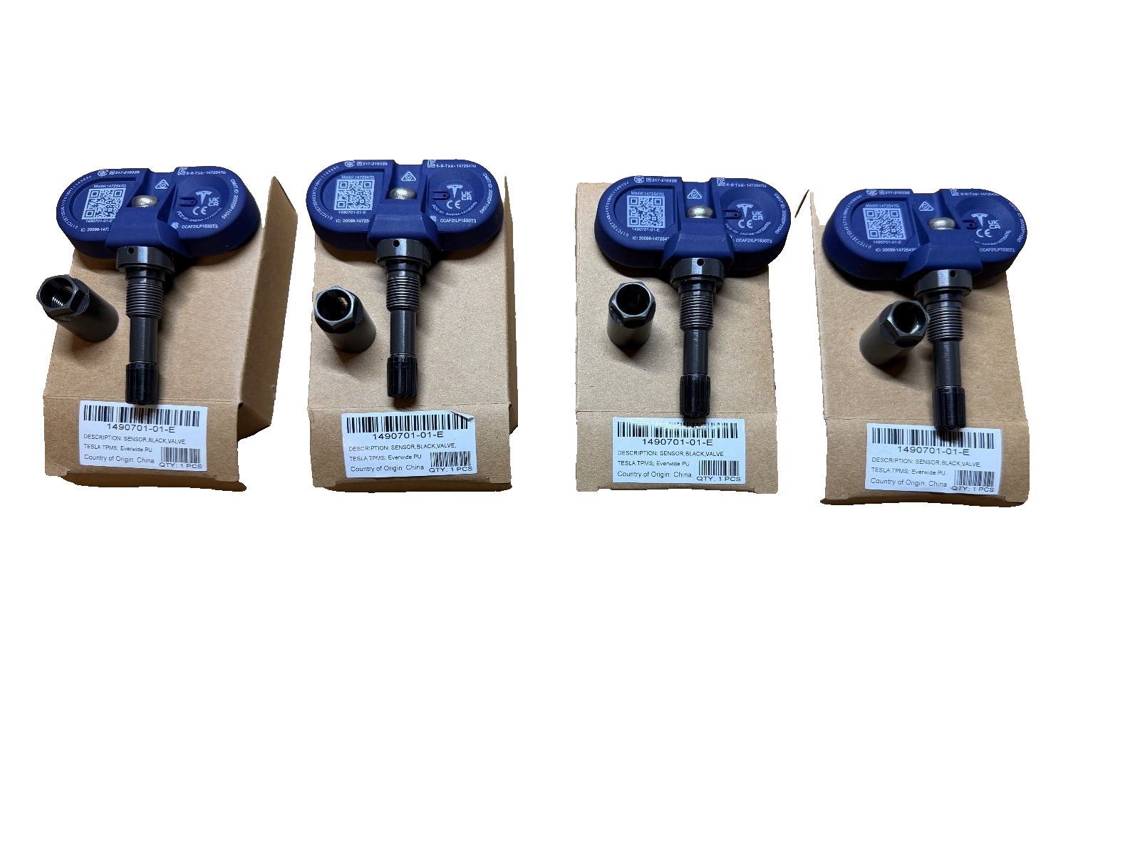 Set of 4 NEW OEM Tesla Model 3 S X Y Bluetooth TPMS Sensor with Nut 1490701-01-E