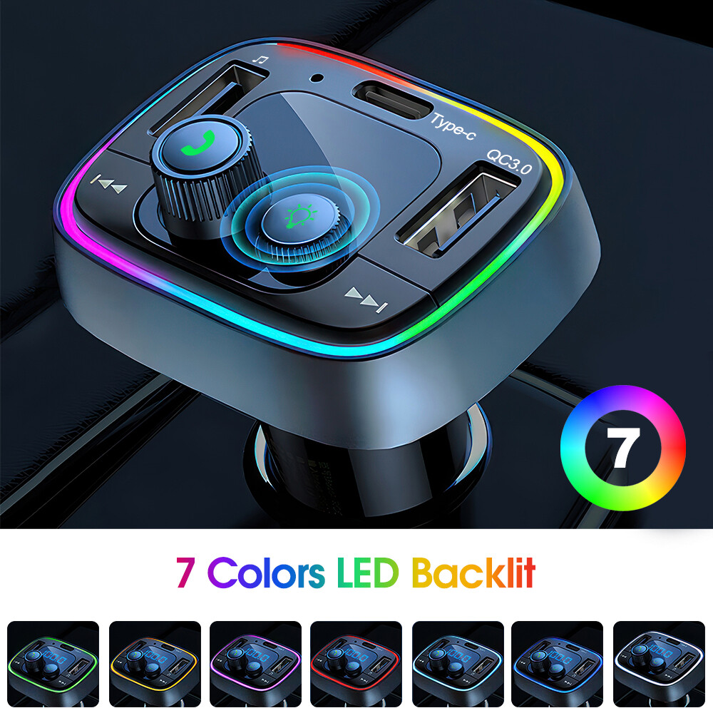 Bluetooth 5.1 FM Transmitter Car Adapter 7 Colors LED Backlit Hands-Free Calling