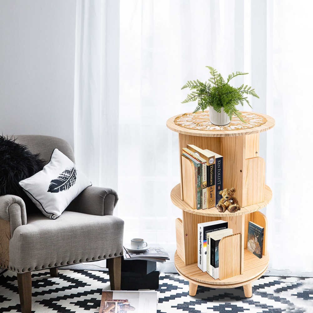 360 Rotating Bookshelf 2 Layer Display Rack Floor Standing BookcaseOrganizer