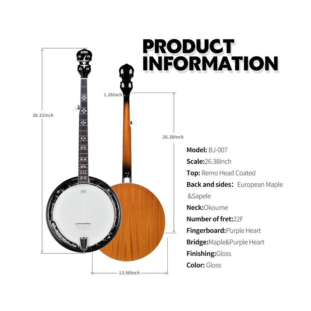 5 String Full Size Banjo Solid Back with beginner Kit Remo Head Coated Top Eu...