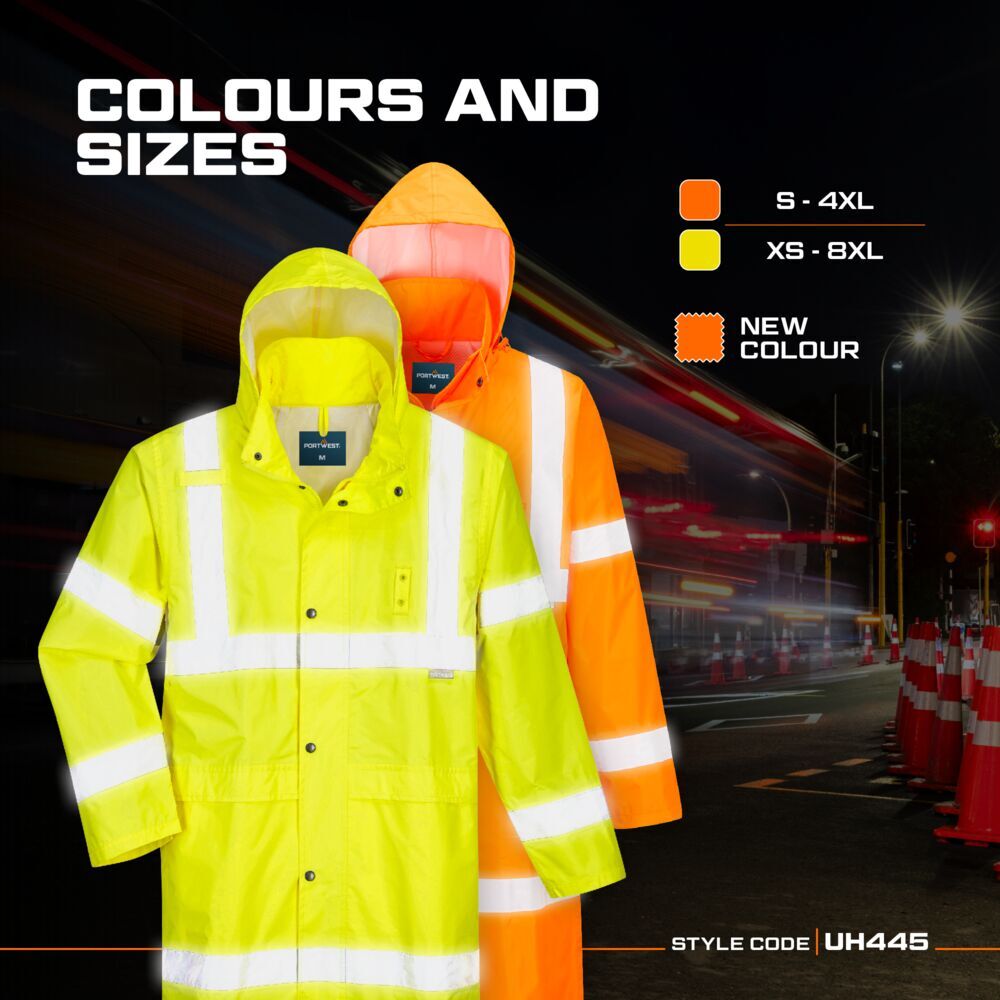 Portwest UH445 Mens Waterproof Raincoat Hi Vis Reflective Lightweight 48" Jacket