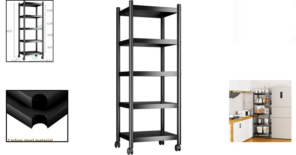Compact 5-Tier Black Storage Shelves - Rust-Proof Utility Solution with Wheels