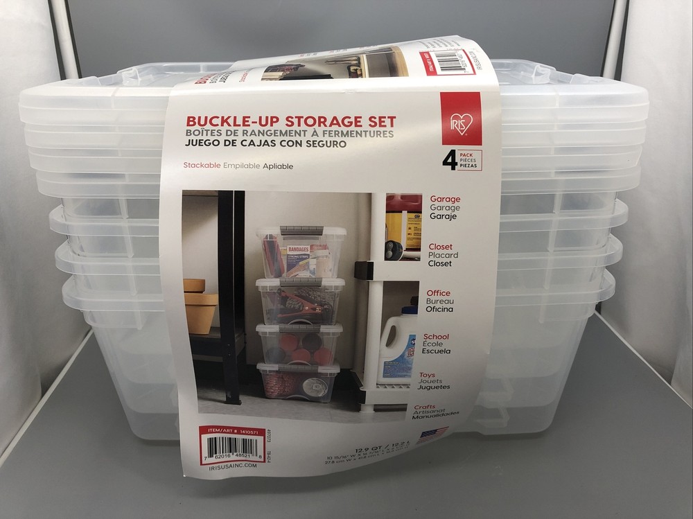 Iris Buckle-Up Storage Set 12.9 Quart 4 Pack Clear Plastic Storage Boxes W/ Lids