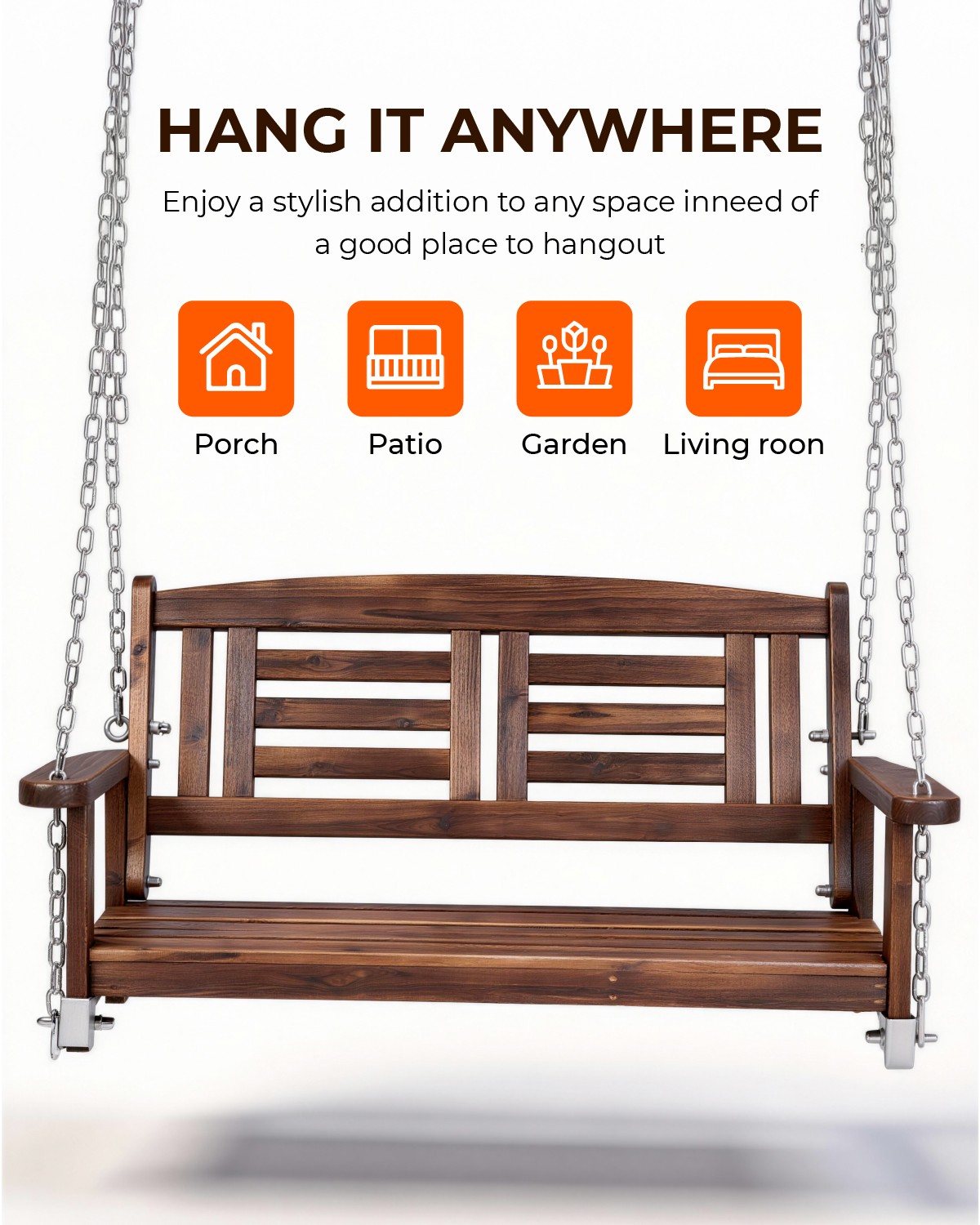 Wooden Porch Swing Chair 4FT with Hanging Chains Heavy Duty for Outdoor Patio