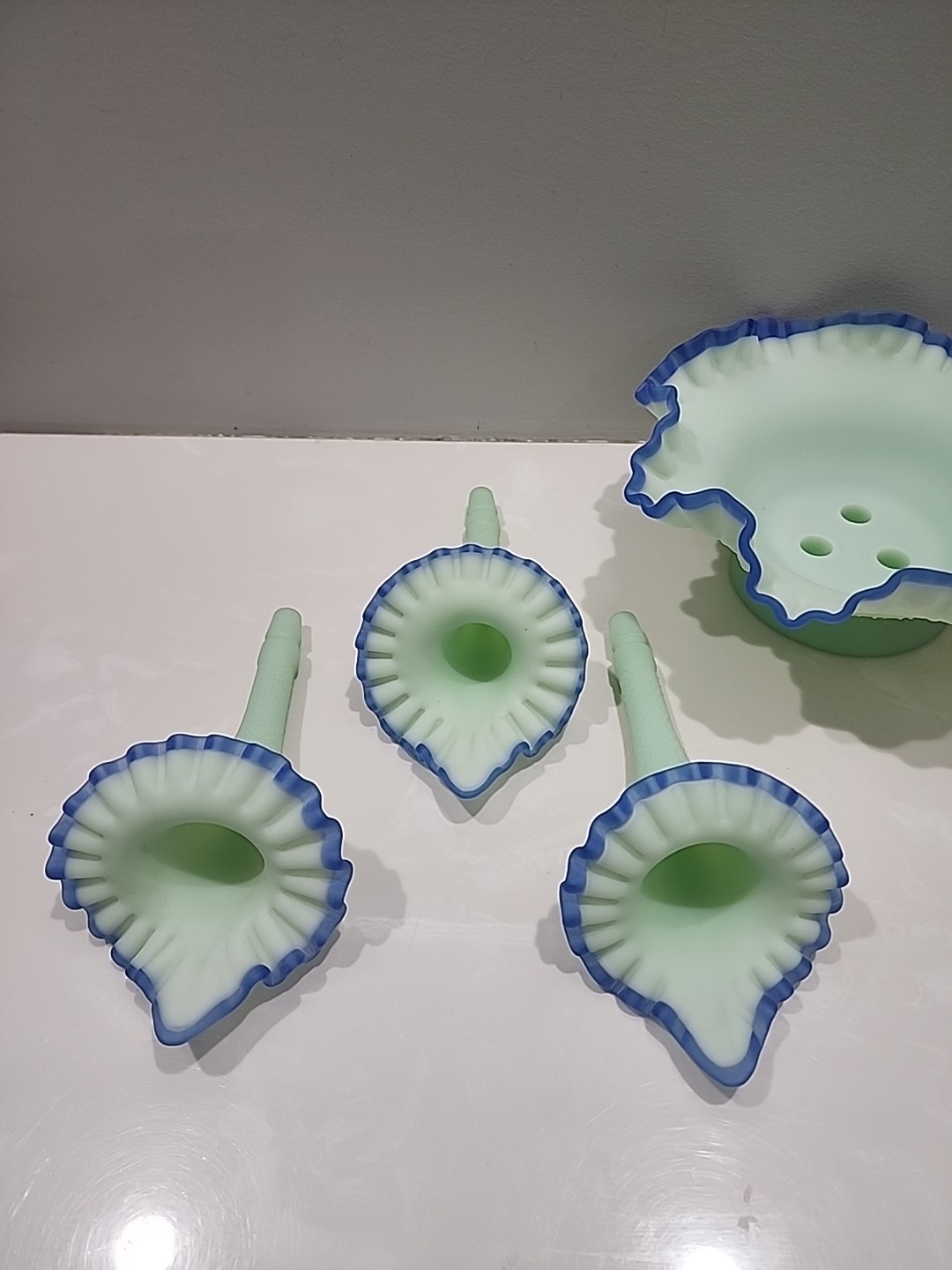 Fenton Cobalt Crest Satin Green Epergne ~ Harder To Find ~ EXQUISITE!!!
