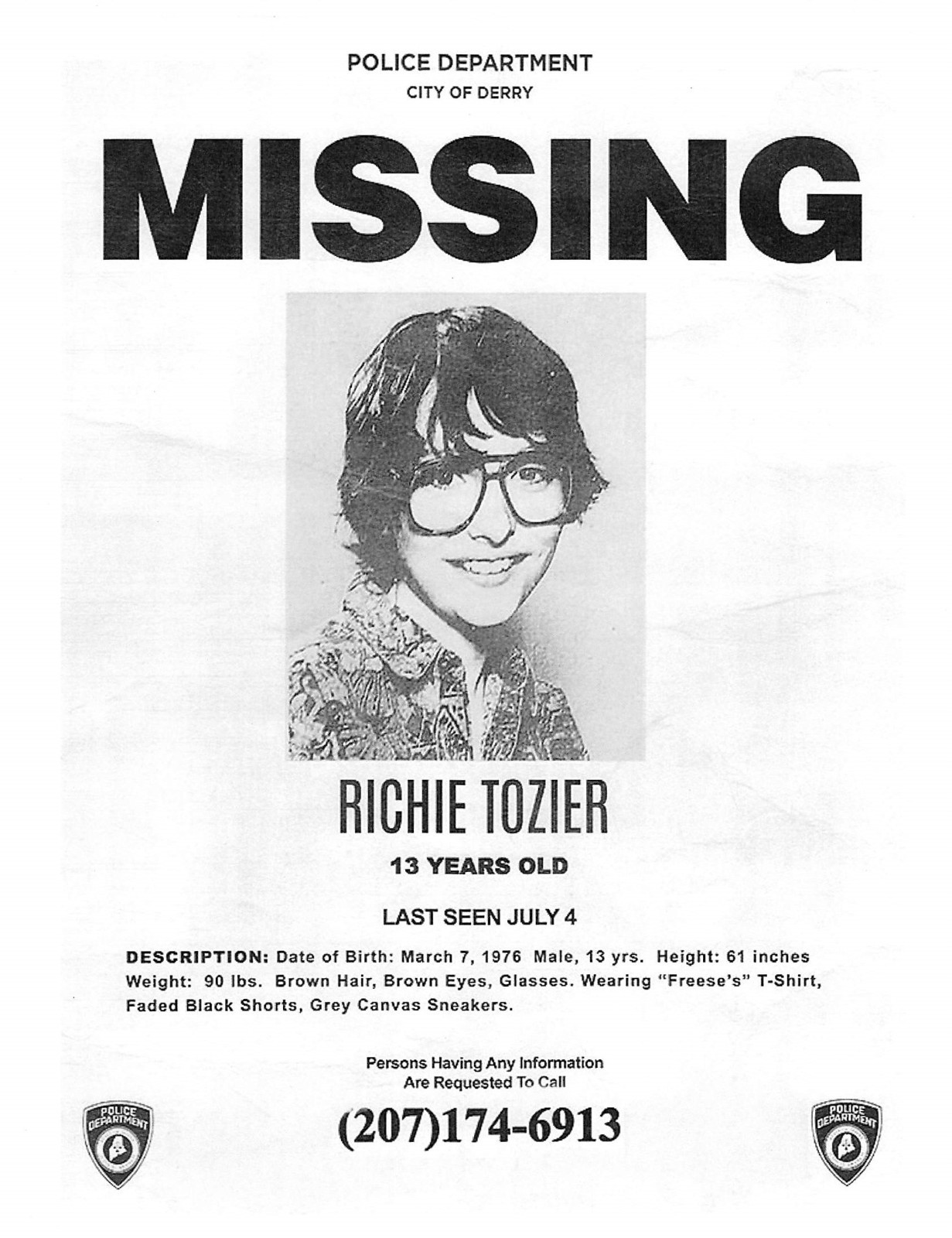 1990 Stephen King IT Missing Richie Tozier Pennywise Clown Poster/Print