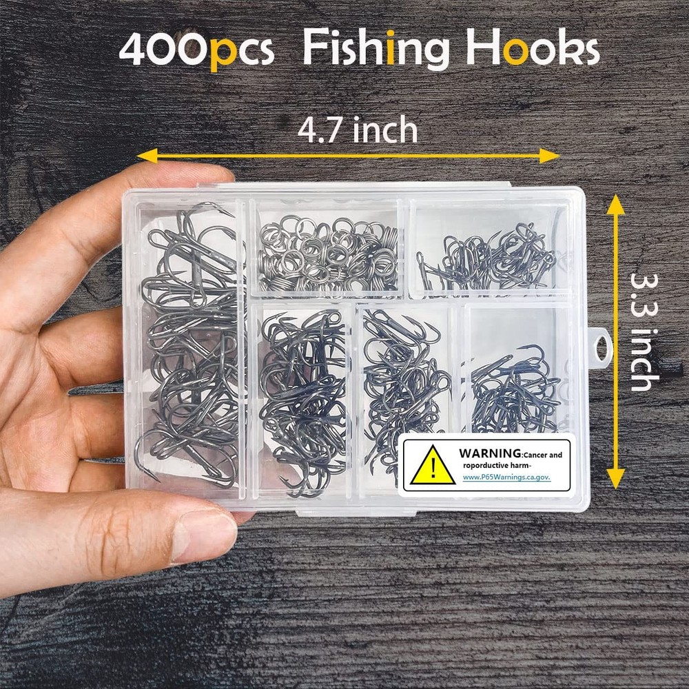 Saltwater Treble Hooks 200Pcs, Strong Sharp Hooks, Split Rings, Silver