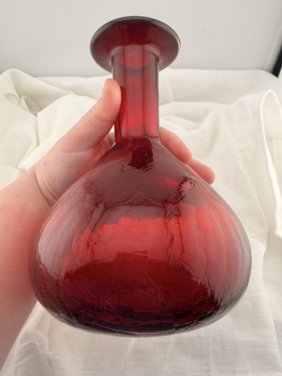 Vintage Blenko Red Glass Decanter Hand Blown Mid Century Modern Art Glass Ruby