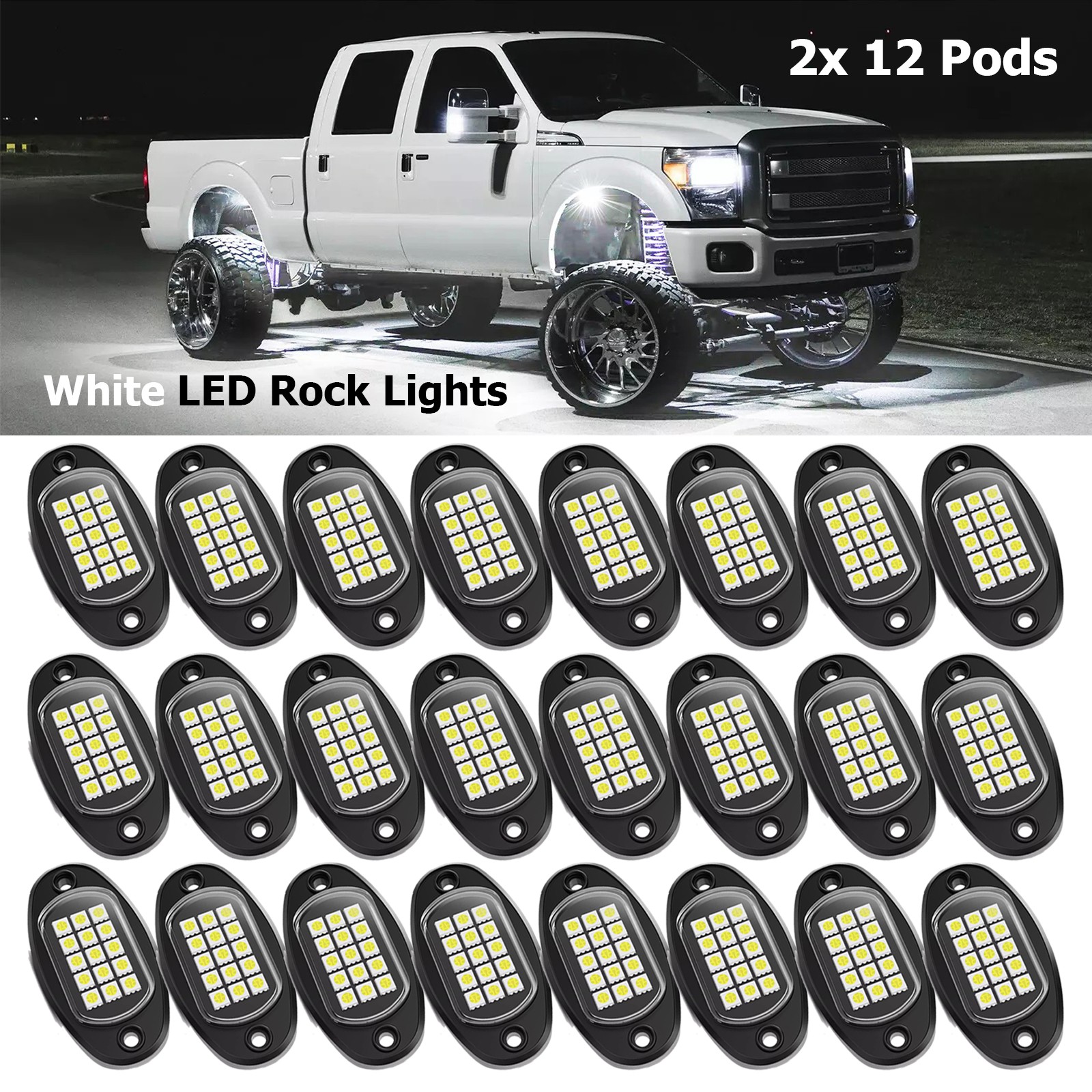 24 Pods LED Rock Lights for Trucks Underglow Wheel Well Light 6000K Pure White