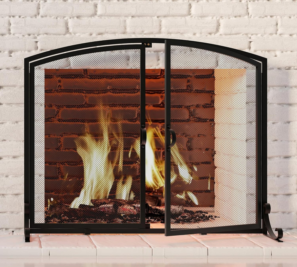 2-Pannel Fireplace Screen with Doors, Handcrafted Solid Mesh,Stable Adjustable F