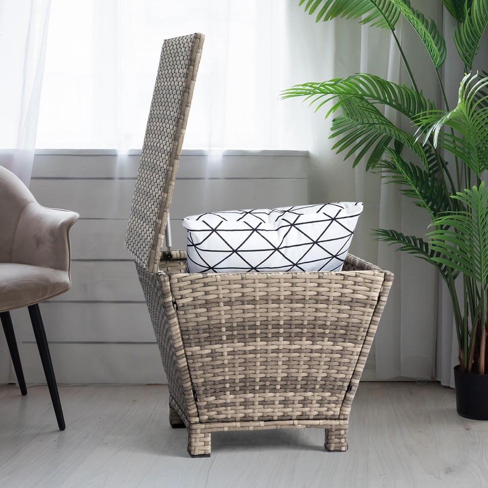 Outdoor PE Wicker Side Table with Storage, Small Patio Storage Bin Container