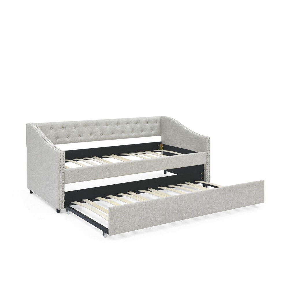 Twin/Full Size Daybed w/ Pull-Out Trundle Bed Upholstered Bed Frame Sofa Bed
