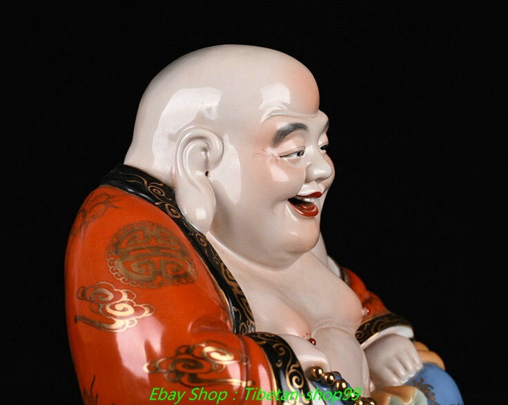 10.6''Old Dynasty Famille Rose Porcelain Gilt Happy Laugh Maitreya Buddha Statue